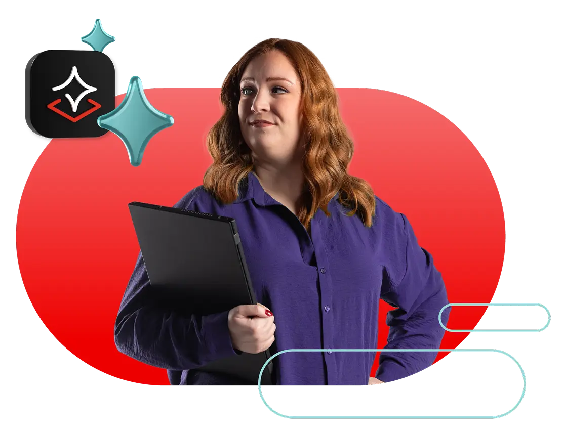 A confident woman with red hair holding a laptop, framed by abstract shapes against a red backdrop